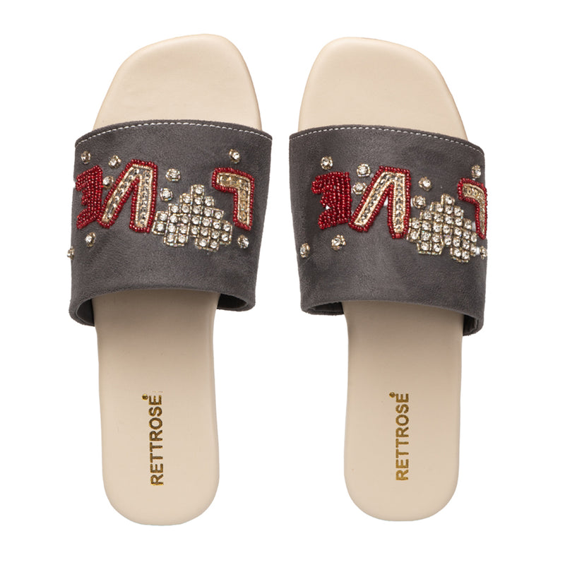 Harmony Grey Luxury Plush Diamanté Embellished Handmade Sliders