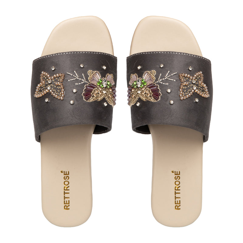 Saylor Grey Luxury Plush Diamanté Embellished Handmade Sliders