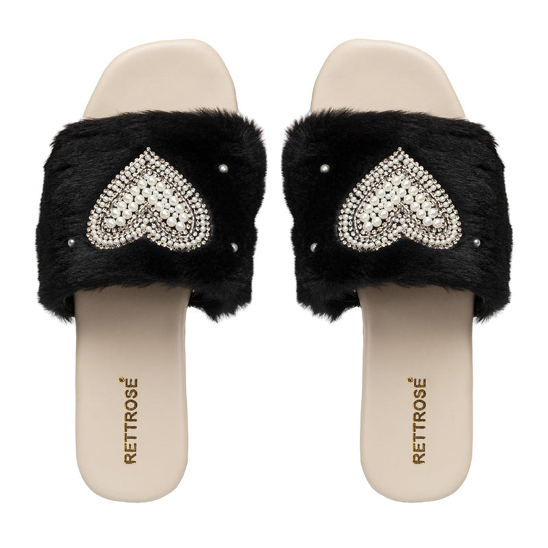 Lilah Black Luxury Plush Diamanté Embellished Handmade Sliders