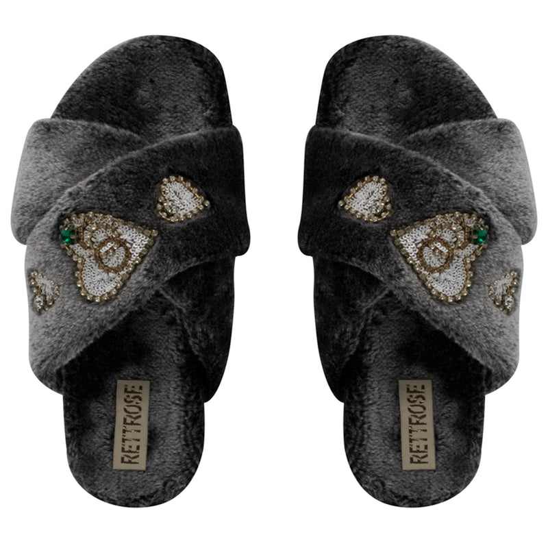 Emmy Charcoal Luxury Plush Diamanté Embellished Handmade Slipper