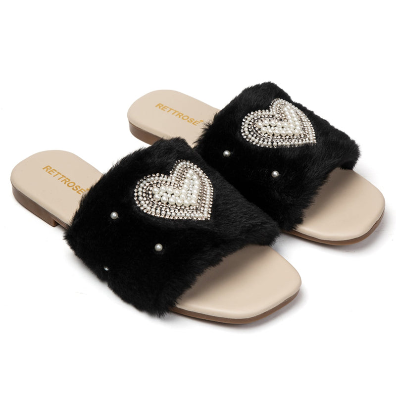 Lilah Black Luxury Plush Diamanté Embellished Handmade Sliders