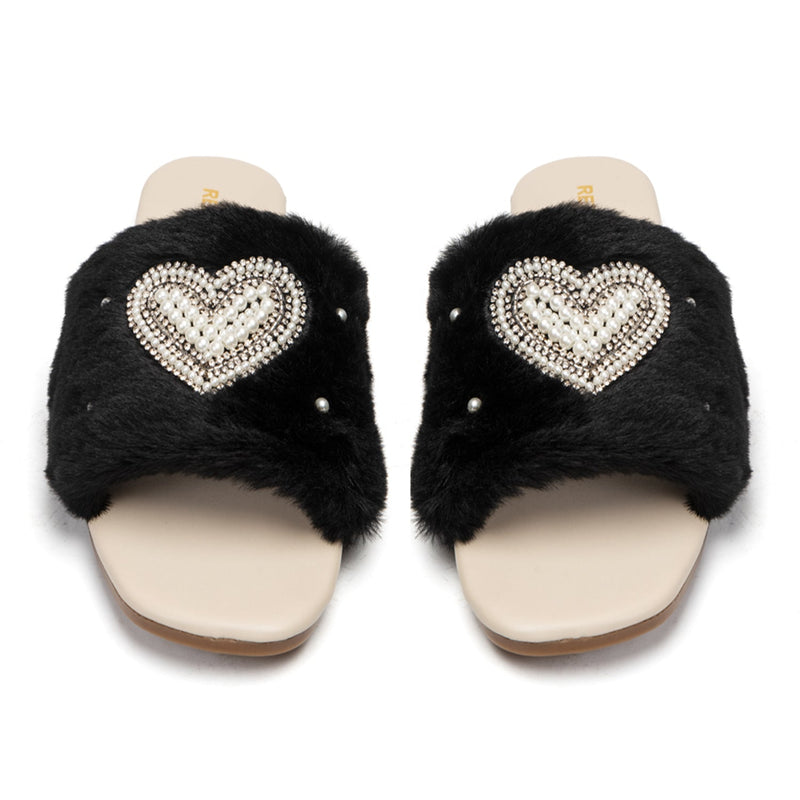 Lilah Black Luxury Plush Diamanté Embellished Handmade Sliders
