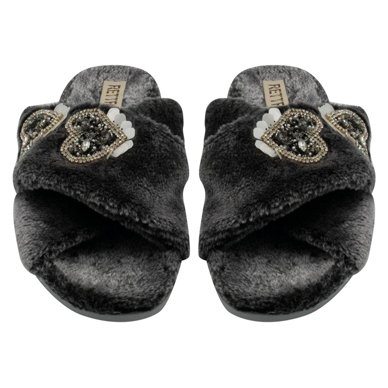 Katie Charcoal Luxury Plush Diamanté Heart Embellished Handmade Slipper
