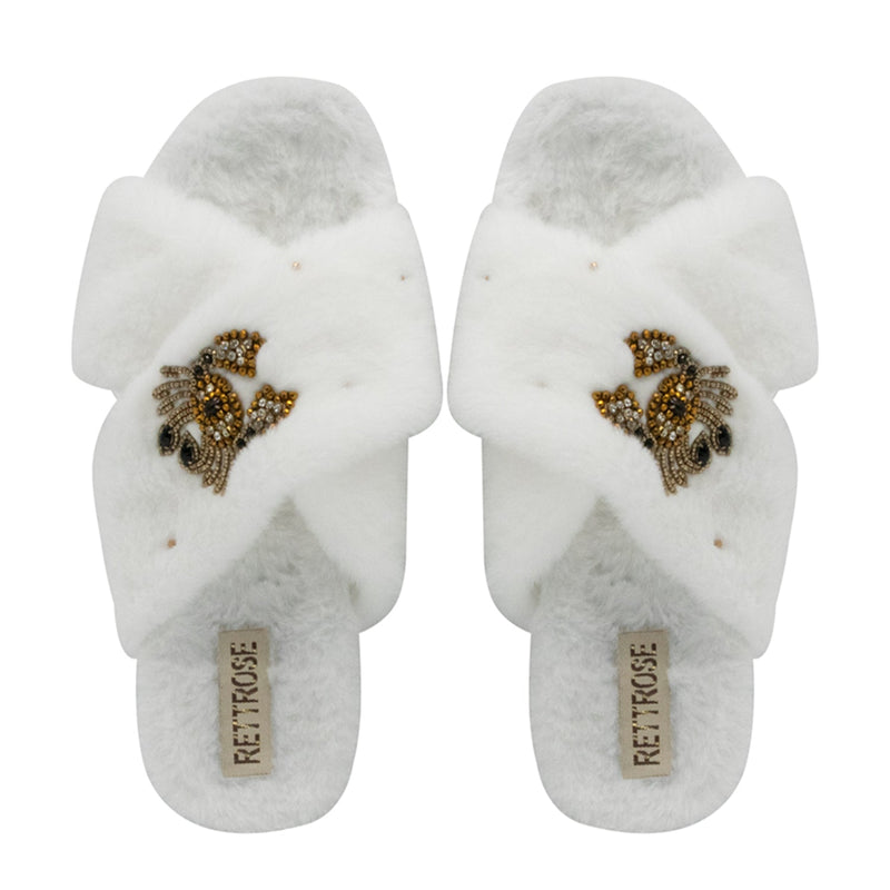 Sophie Cream Luxury Plush Diamanté Embellished Handmade Slipper