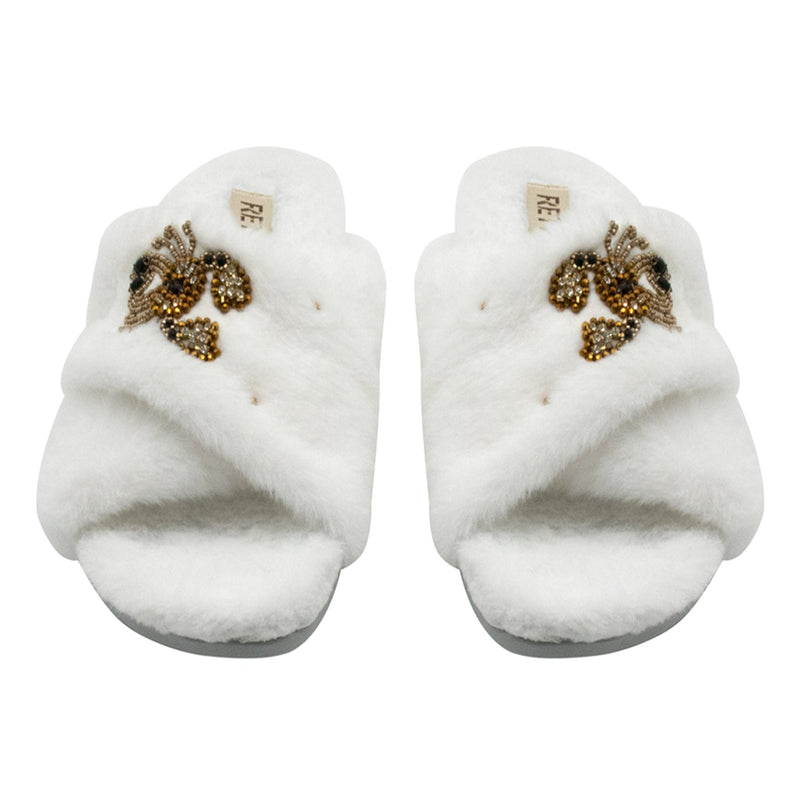 Sophie Cream Luxury Plush Diamanté Embellished Handmade Slipper