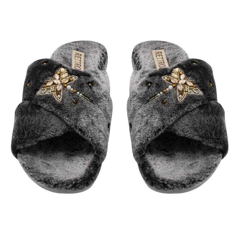 Sofia Charcoal Luxury Plush Diamanté Embellished Handmade Slipper