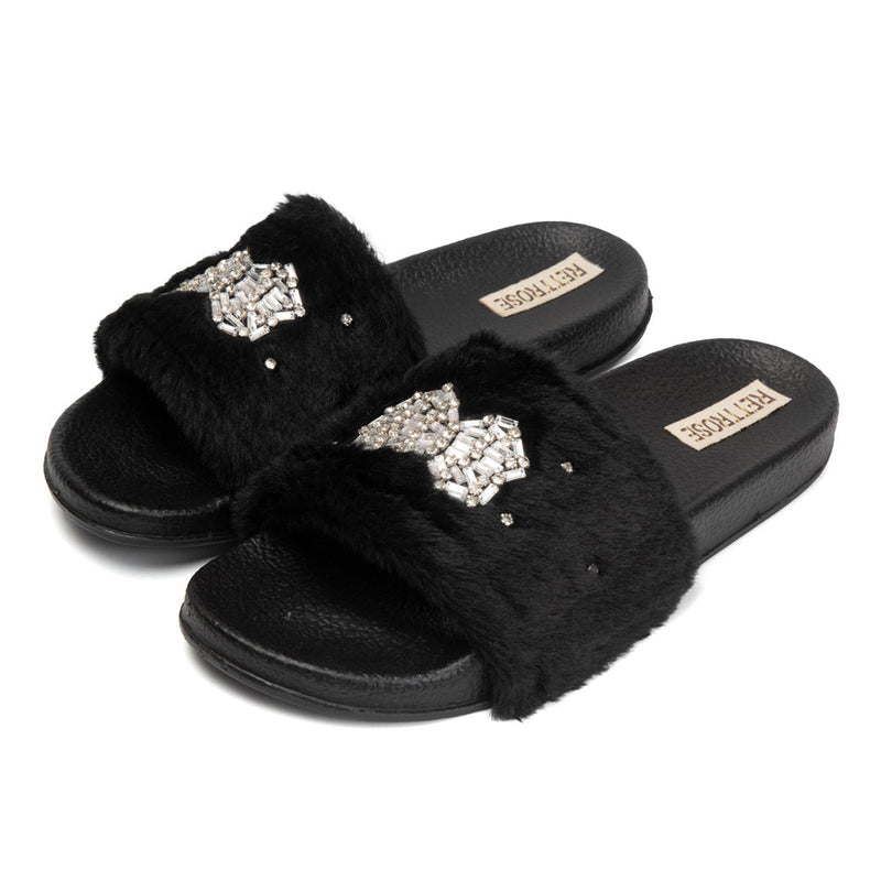 The Ava Noir Luxury Plush Diamanté Embellished Handmade Sliders | RETTROSE |