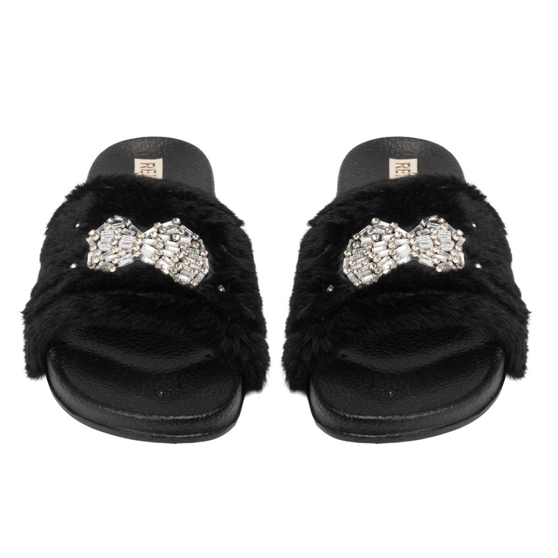 The Ava Noir Luxury Plush Diamanté Embellished Handmade Sliders | RETTROSE |