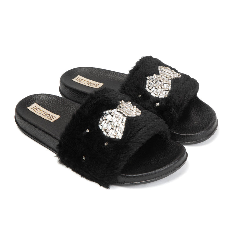 The Ava Noir Luxury Plush Diamanté Embellished Handmade Sliders | RETTROSE |