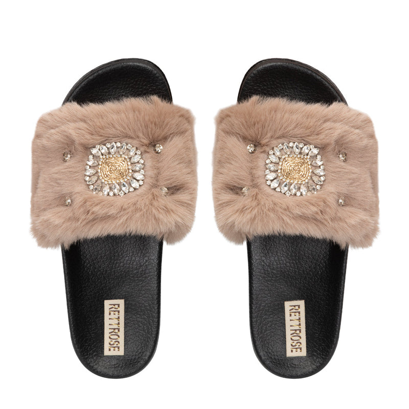 The Aubrey Mink Luxury Plush Diamanté Embellished Handmade Sliders | RETTROSE |