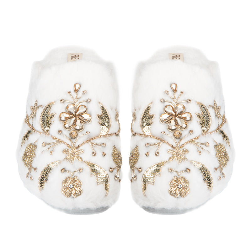 The Annie Cream Luxury Handmade Women’s Slippers – Faux Fur Front-Covered, Comfortable, White & Cream Diamanté Embellished