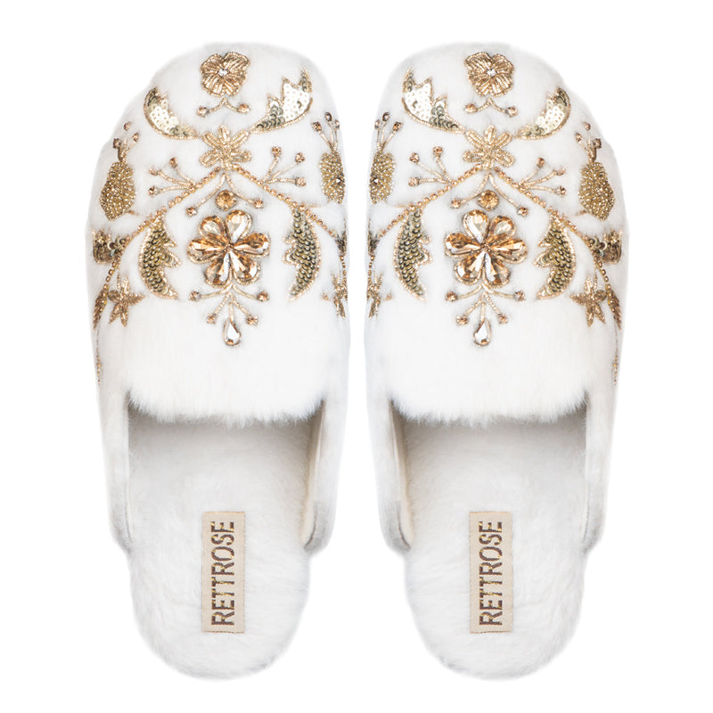 The Annie Cream Luxury Handmade Women’s Slippers – Faux Fur Front-Covered, Comfortable, White & Cream Diamanté Embellished