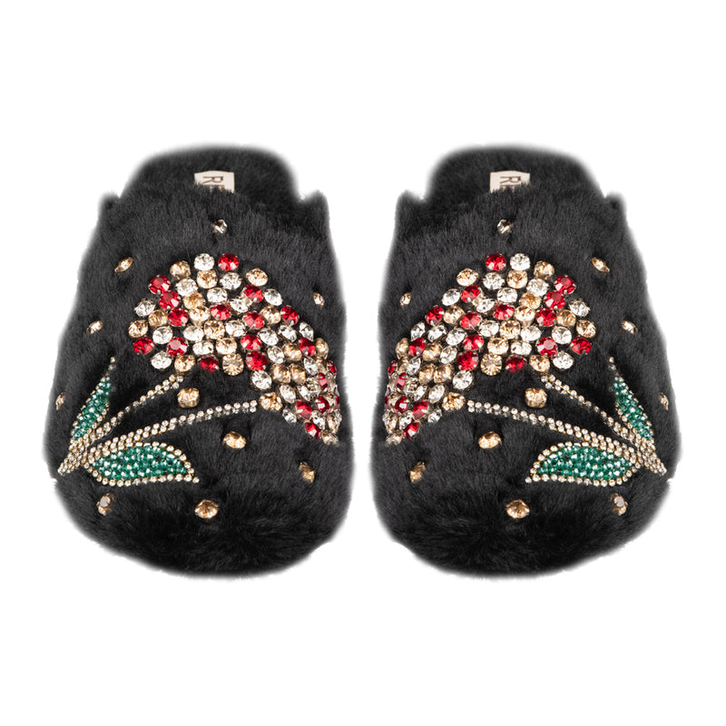 Georgie Black Luxury Plush Diamanté Embellished Handmade Slipper
