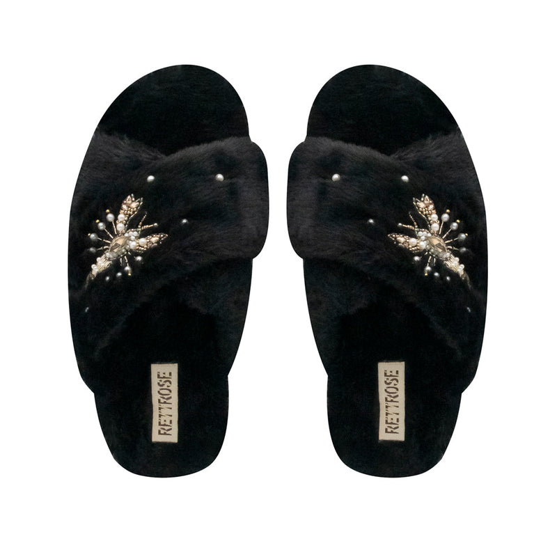 The Anastasia Black Luxury Plush Diamanté Embellished Handmade Slipper | RETTROSE |