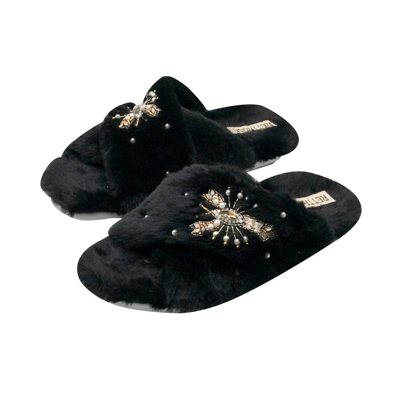 The Anastasia Black Luxury Plush Diamanté Embellished Handmade Slipper | RETTROSE |