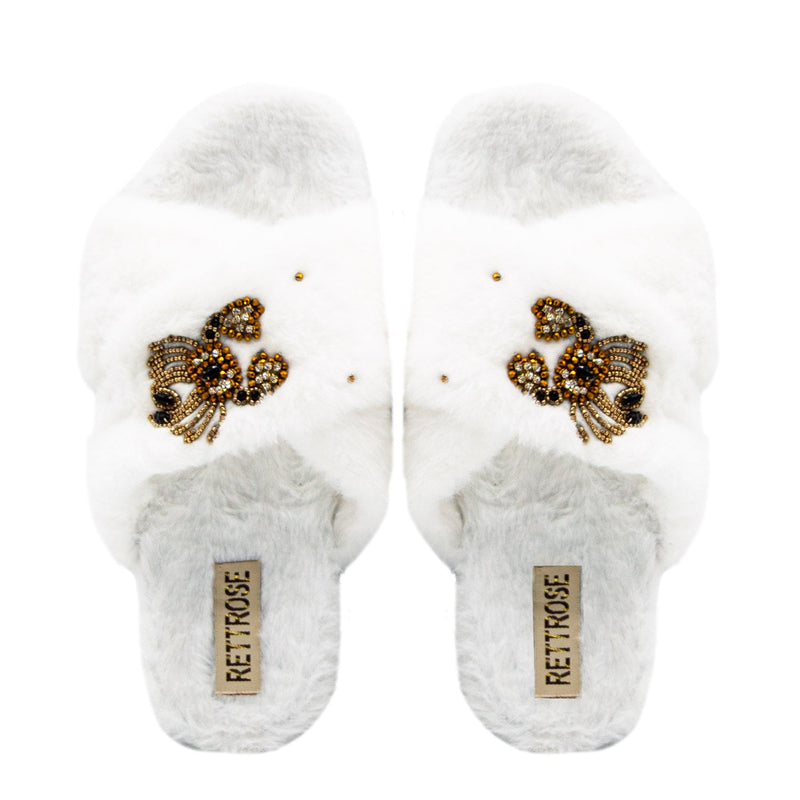 The Sophie Cream Luxury Plush Diamanté Embellished Handmade Slipper