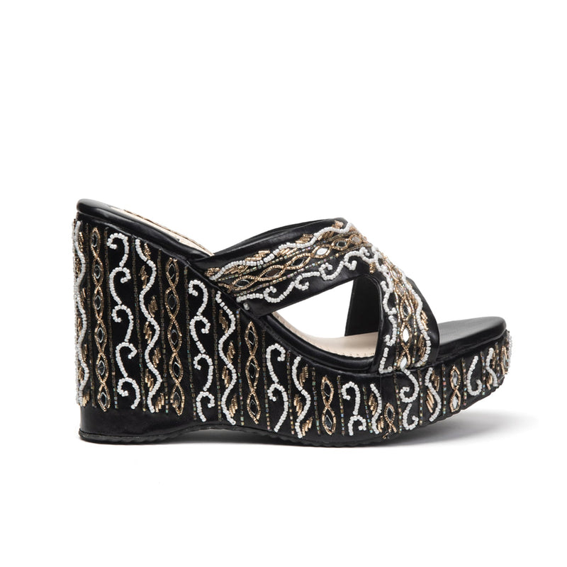 Ruth Black Luxury Handmade Women’s Wedge Heels – Beaded, Comfortable, 8.5cm Synthetic Wedge by RETTROSE