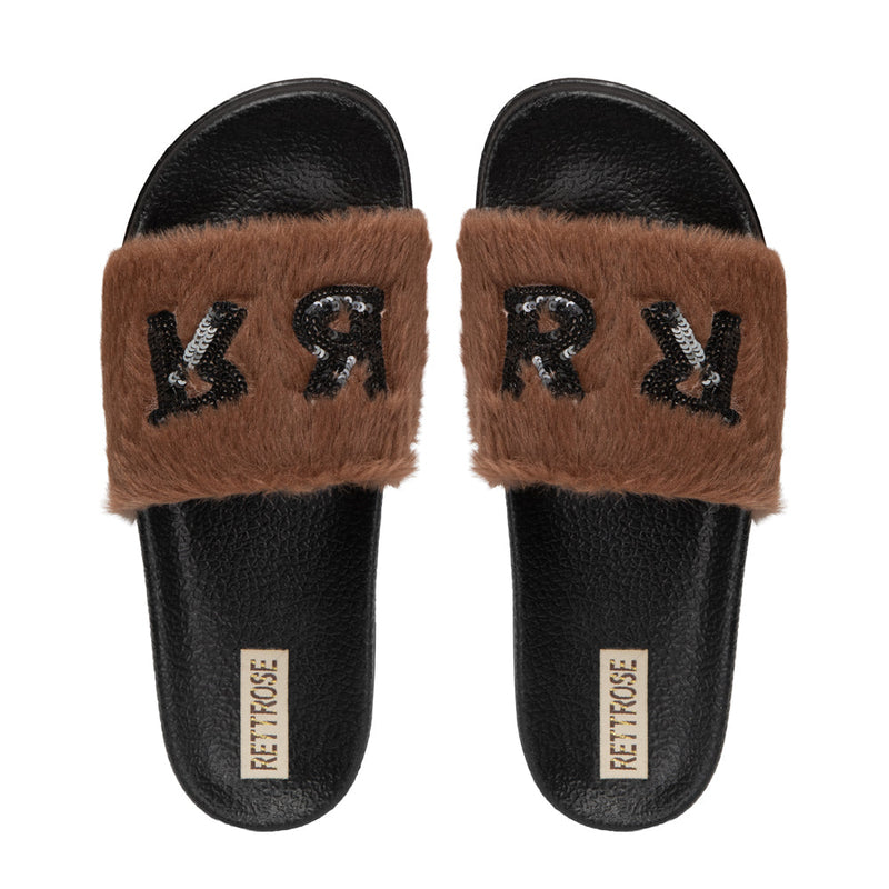The Truvi Chocolate Luxury Plush Diamanté Embellished Handmade Sliders | RETTROSE |