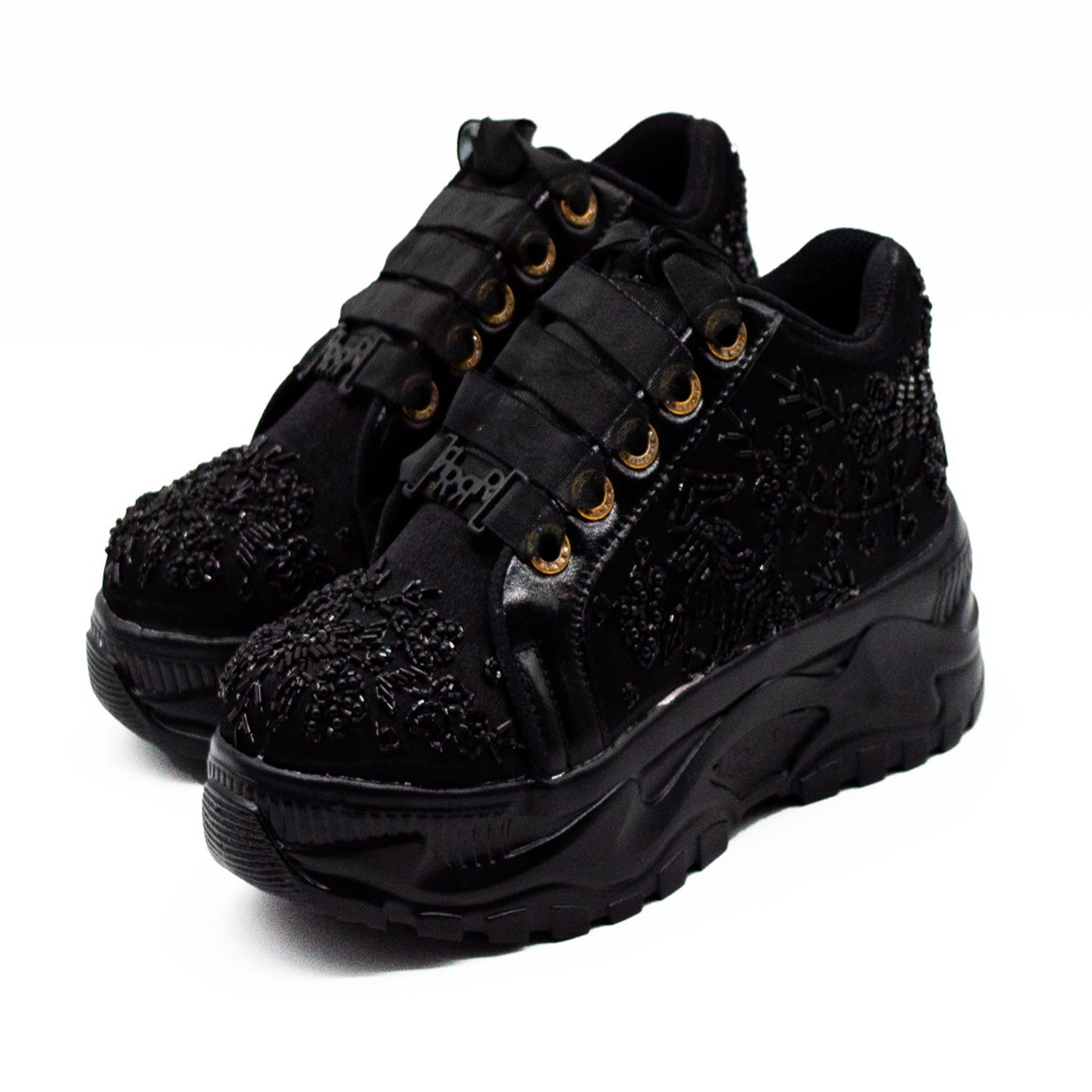 Diana Luxury Noir Satin Handmade Embellished Trainers