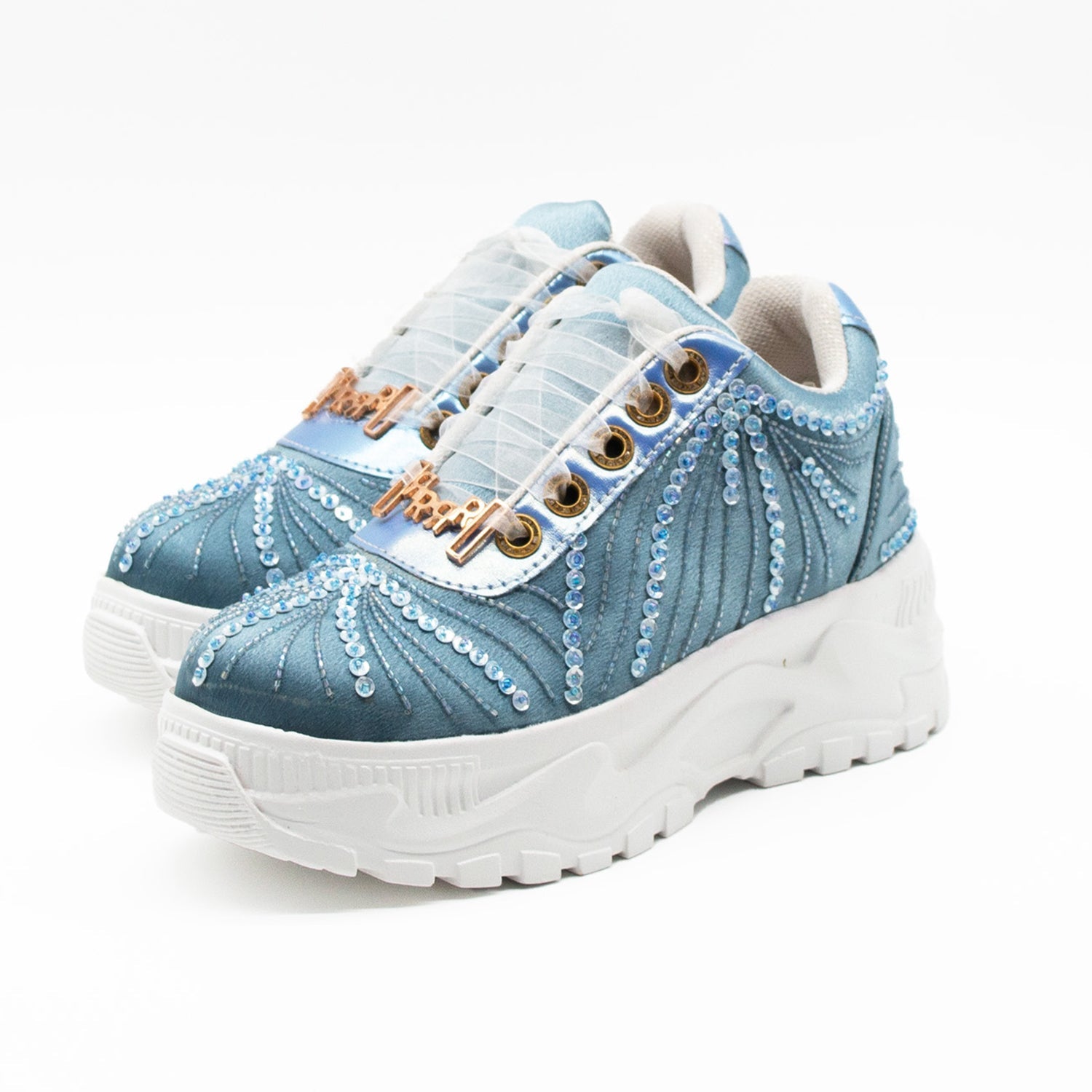Sofia Luxury Dusky Blue Satin Handmade Embellished Trainers