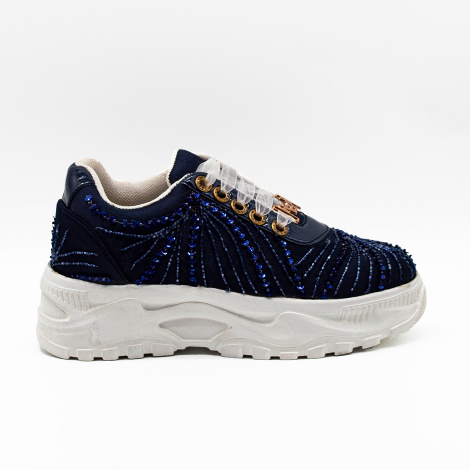 Sofia Luxury Navy Satin Handmade Embellished Trainers