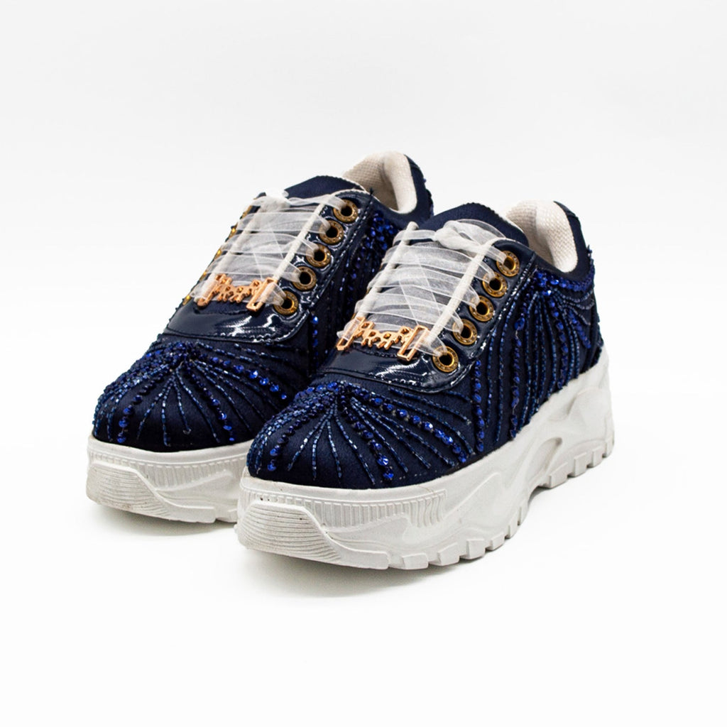 Sofia Luxury Navy Satin Handmade Embellished Trainers