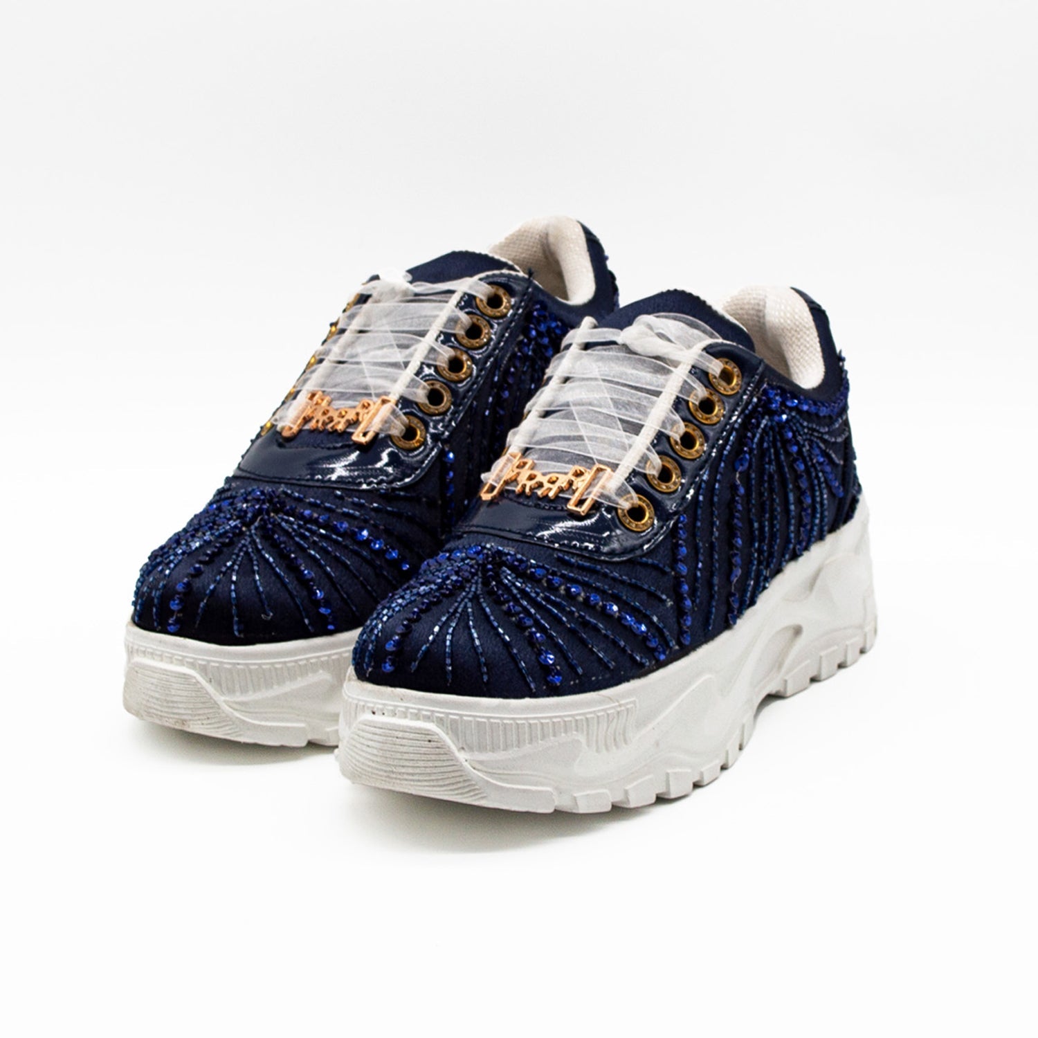 Sofia Luxury Navy Satin Handmade Embellished Trainers