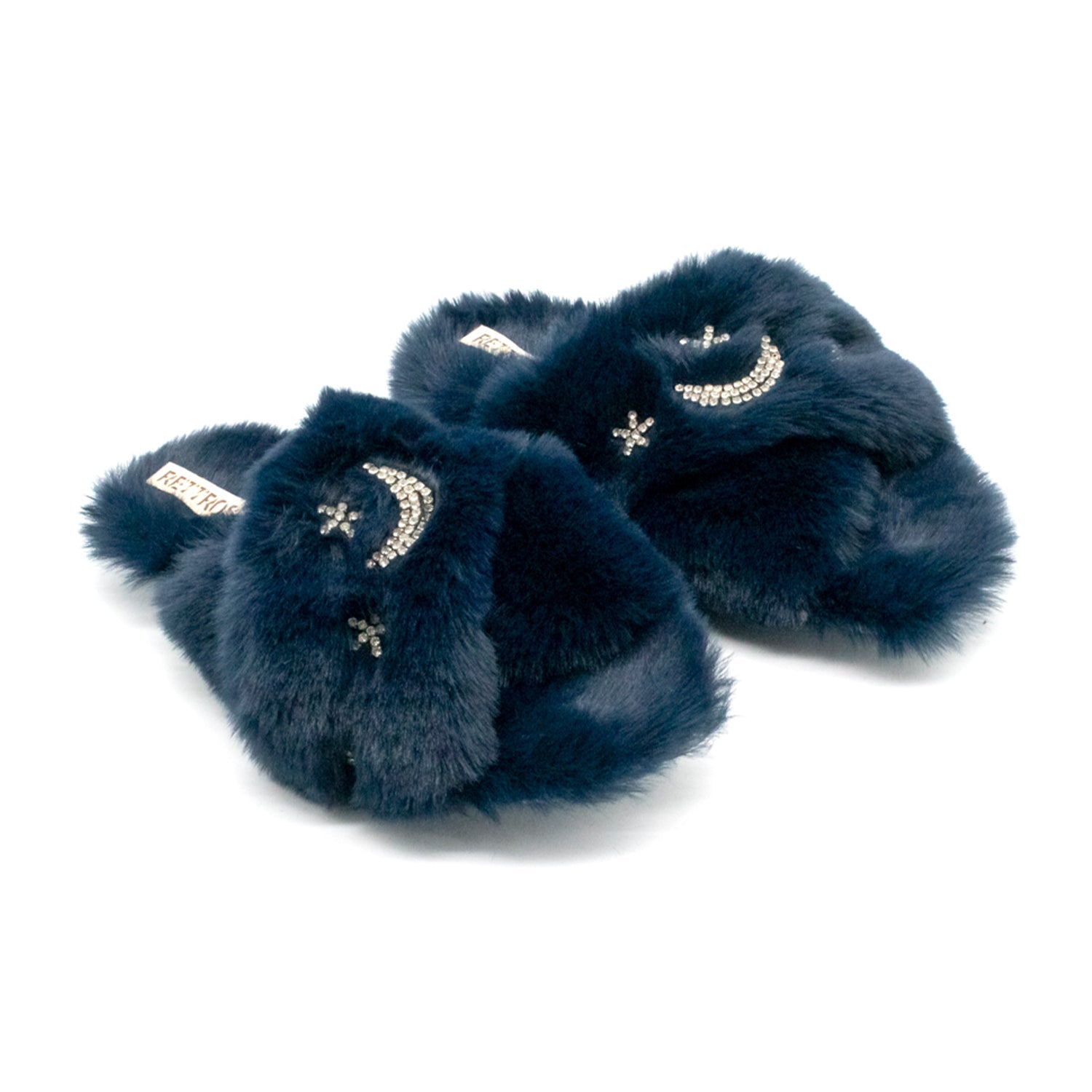 Isabel Navy Plush Handmade Slipper with Diamanté Moon & Star Embellishment