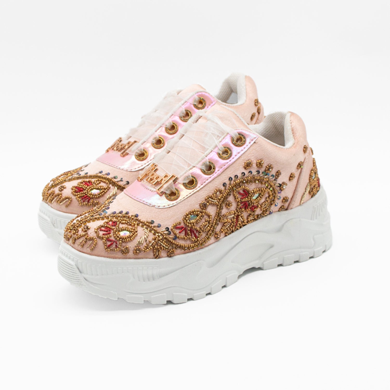 Aaliyah Luxury Soft Pink Satin Handmade Embellished Trainers
