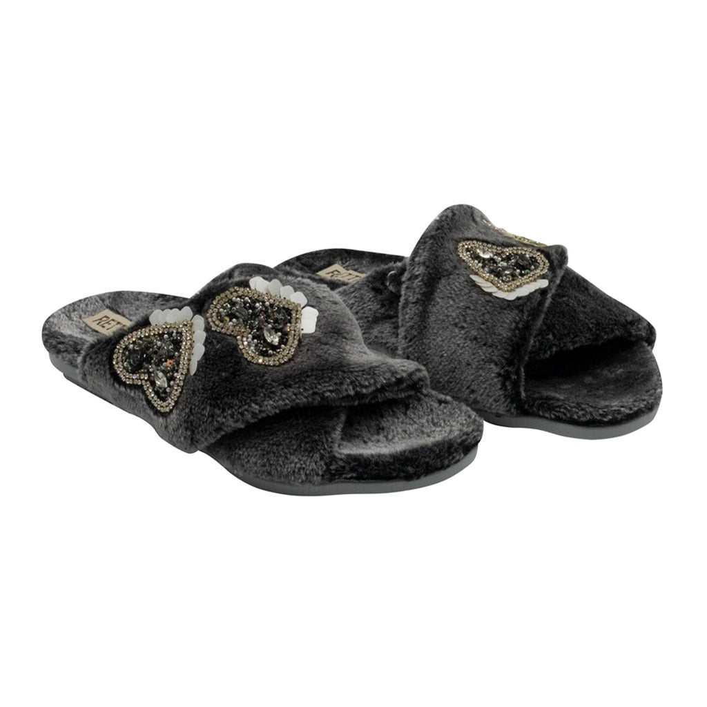 Katie Charcoal Luxury Plush Diamanté Heart Embellished Handmade Slipper
