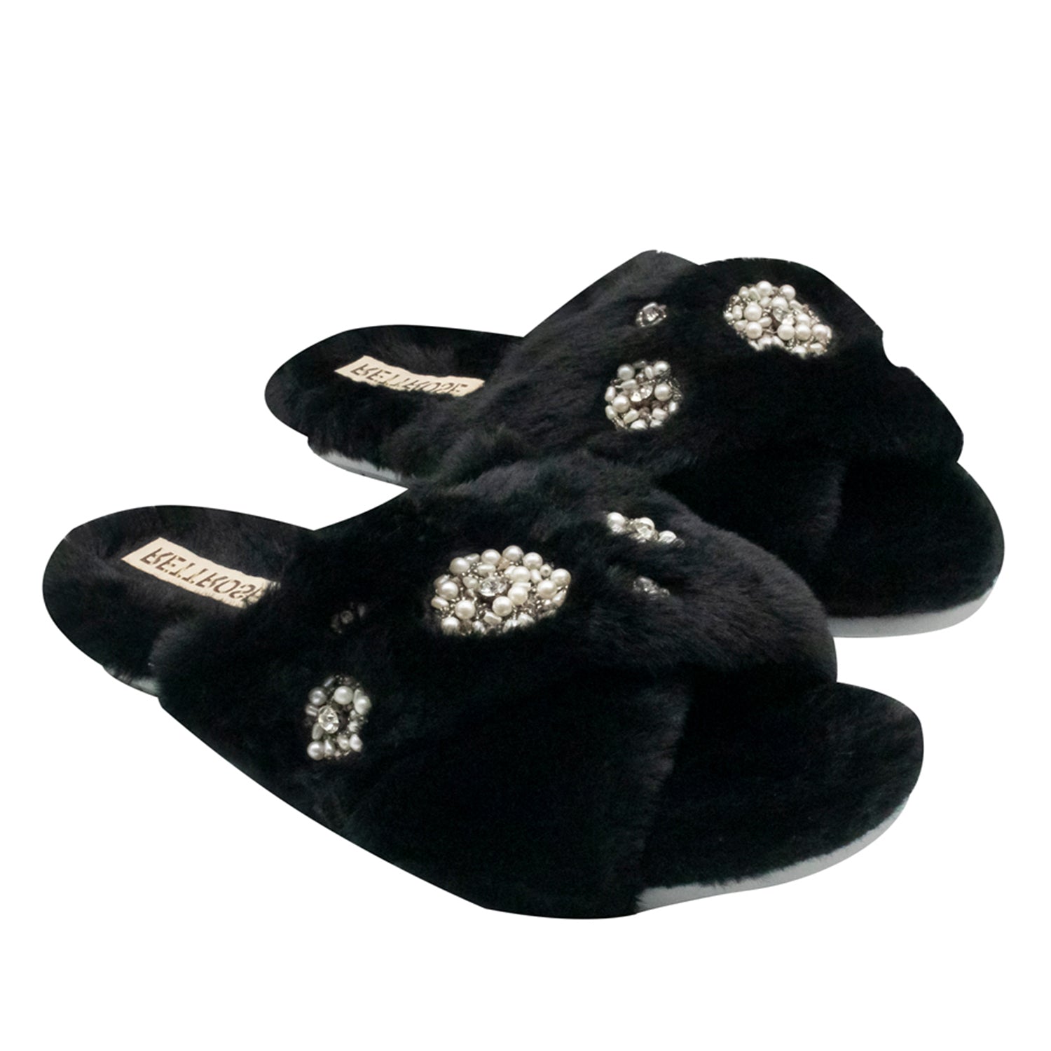 Juliette Black Luxury Plush Diamanté Embellished Handmade Slipper