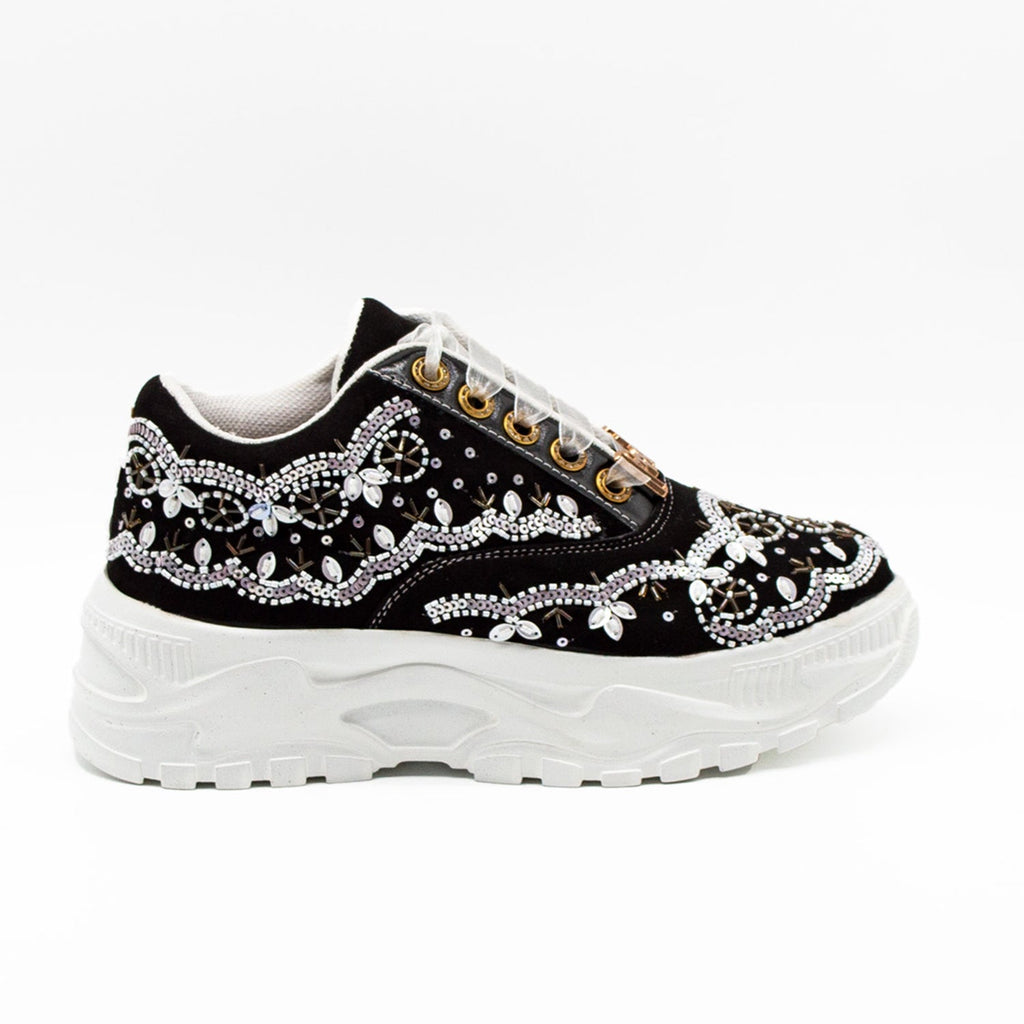 Ava Luxury Black Suede Handmade Embellished Trainers