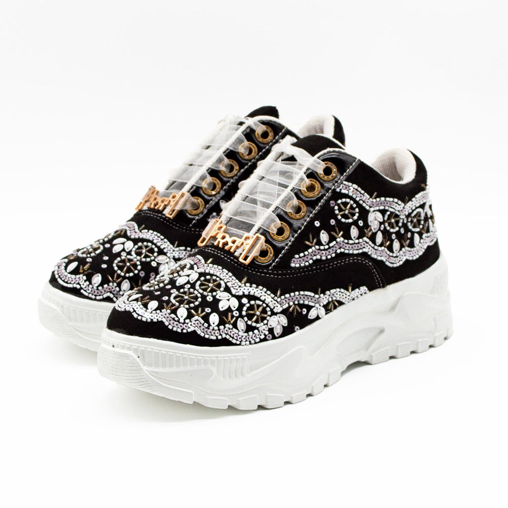 Ava Luxury Black Suede Handmade Embellished Trainers