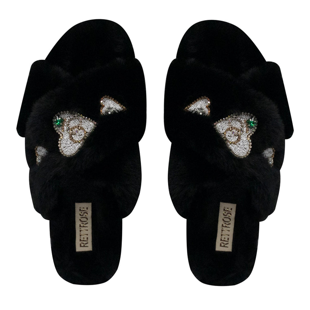 Emmy Black Luxury Plush Diamanté Embellished Handmade Slipper
