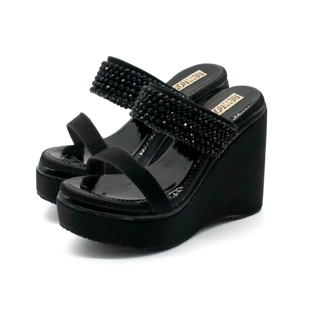 The Sara Black Luxury Handmade Women’s Wedge Heels – Embellished, Comfortable, Synthetic, 8.5cm Heel