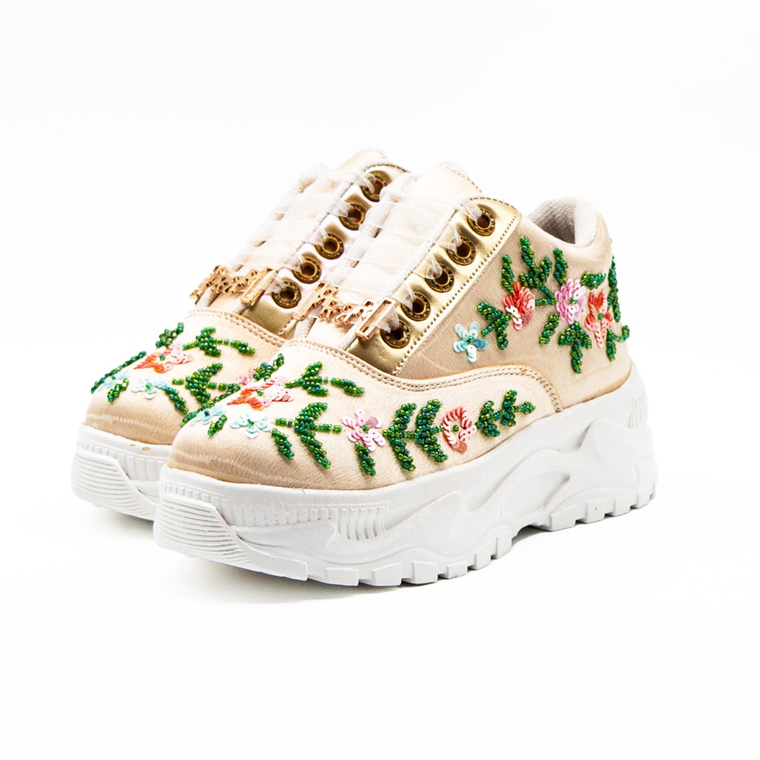 Ariana Luxury Buttermilk Satin Handmade Embellished Trainers