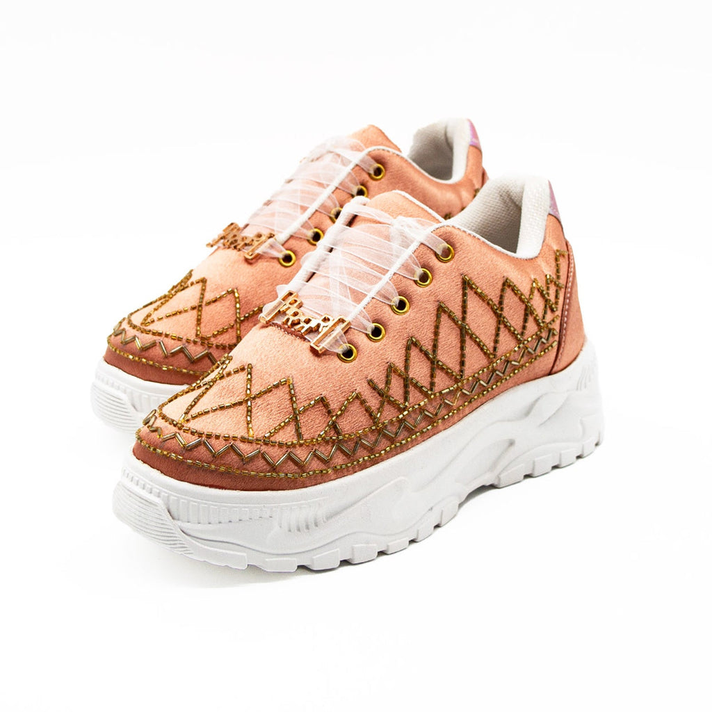 Samantha Luxury Dark Nude Satin Handmade Embellished Trainers