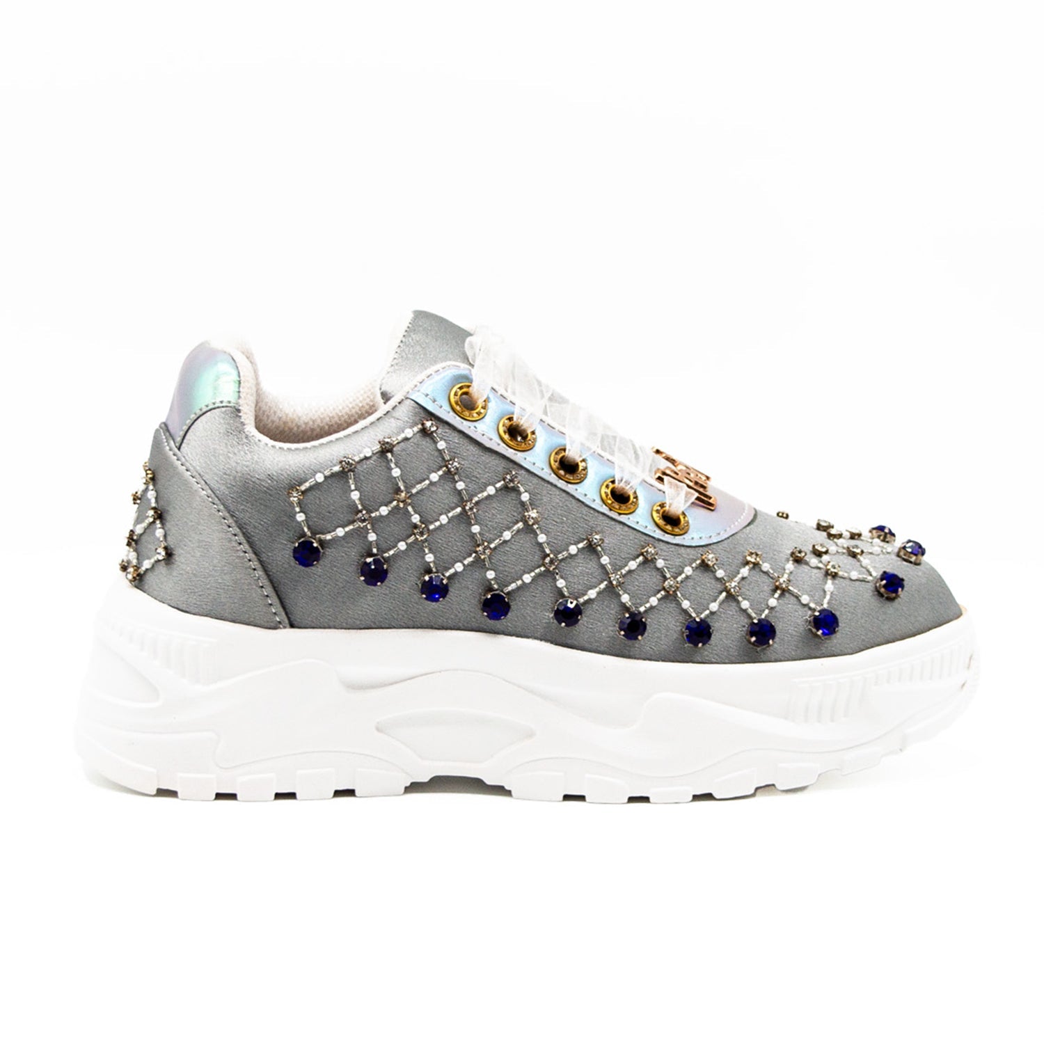 Remi Luxury Silver Satin Handmade Embellished Trainers
