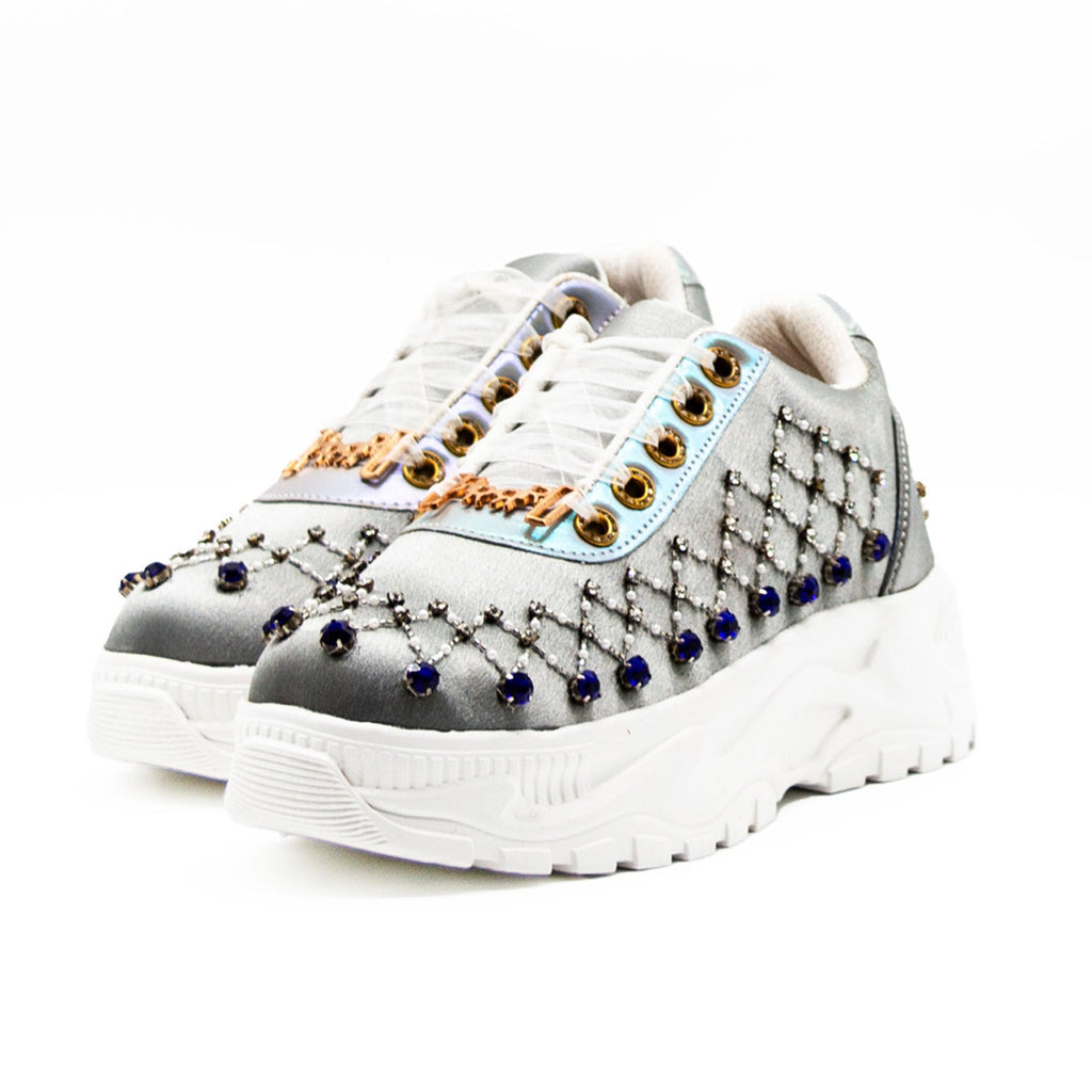 Remi Luxury Silver Satin Handmade Embellished Trainers