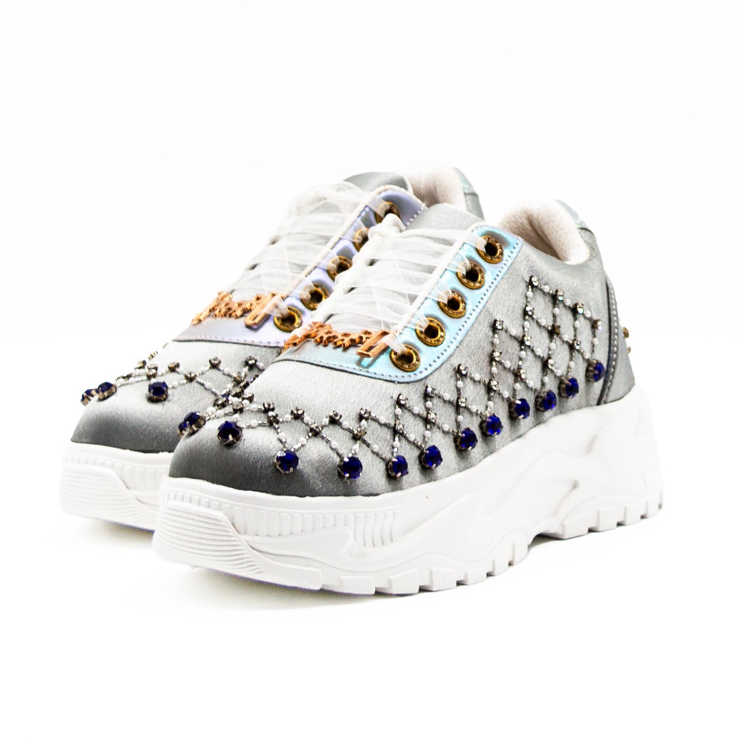 Remi Luxury Silver Satin Handmade Embellished Trainers