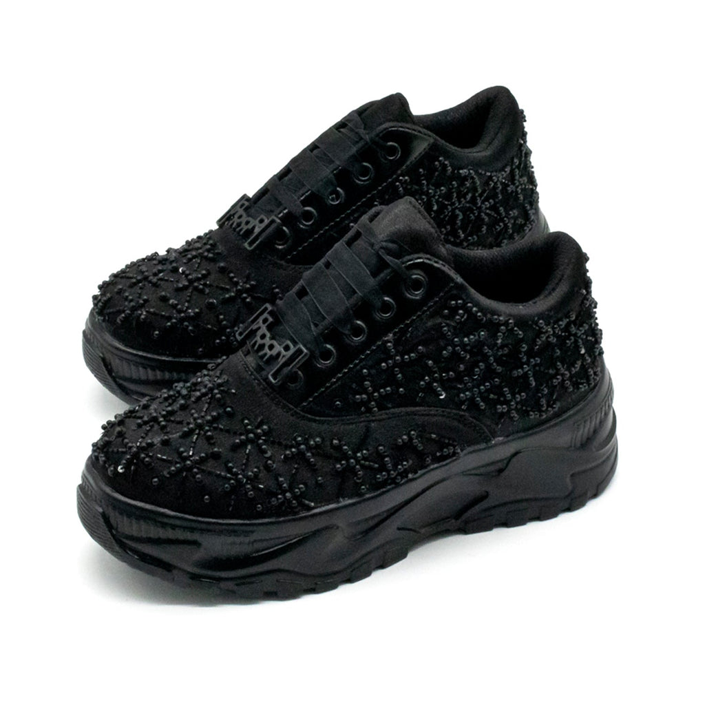 Harper Luxury Black Satin Handmade Embellished Trainers