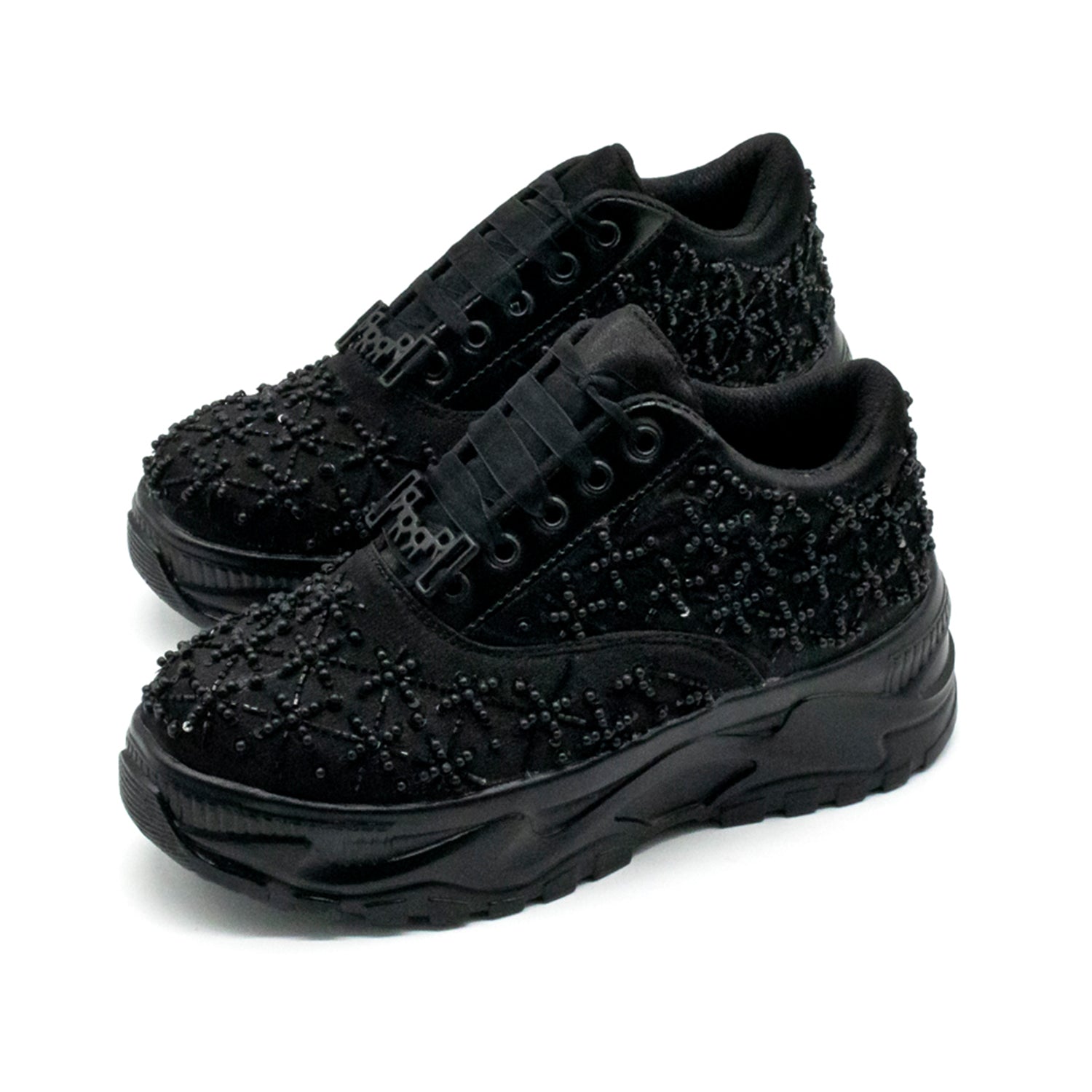 Harper Luxury Black Satin Handmade Embellished Trainers