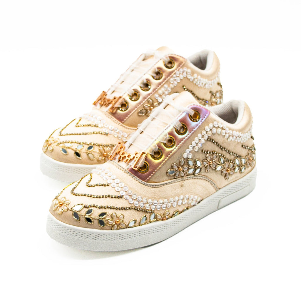 Caroline Luxury Buttermilk Satin Handmade Embellished Tennis Shoe