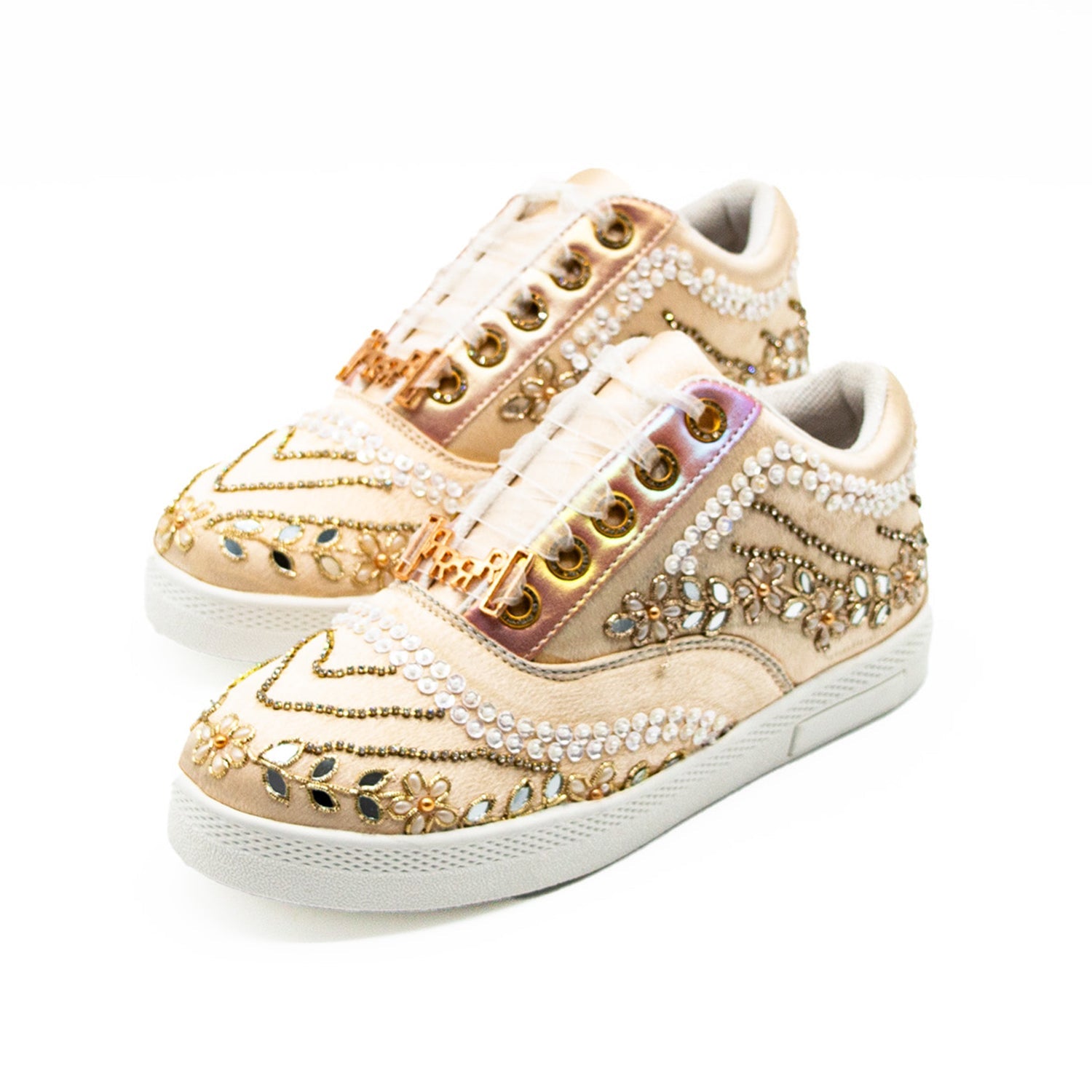 Caroline Luxury Buttermilk Satin Handmade Embellished Tennis Shoe