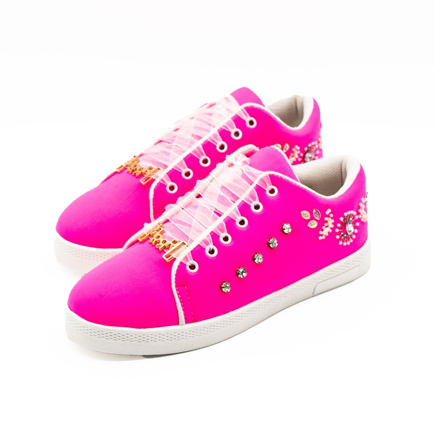 Juniper Luxury Hot Pink Lycra Handmade Embellished Tennis Shoe