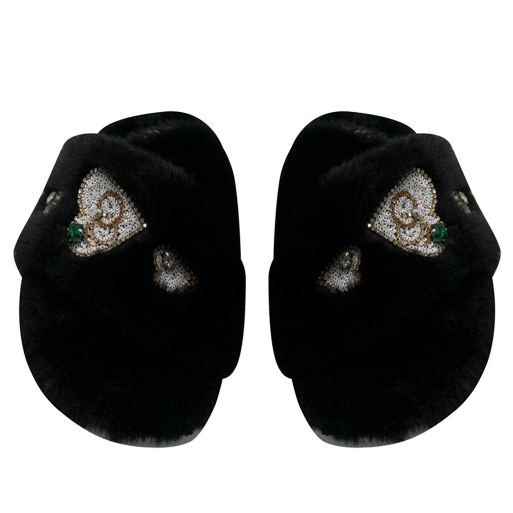 Emmy Black Luxury Plush Diamanté Embellished Handmade Slipper