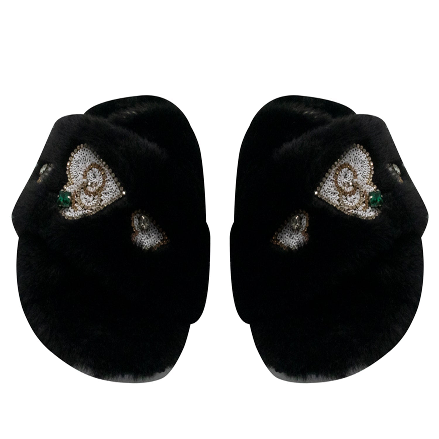 Emmy Black Luxury Plush Diamanté Embellished Handmade Slipper