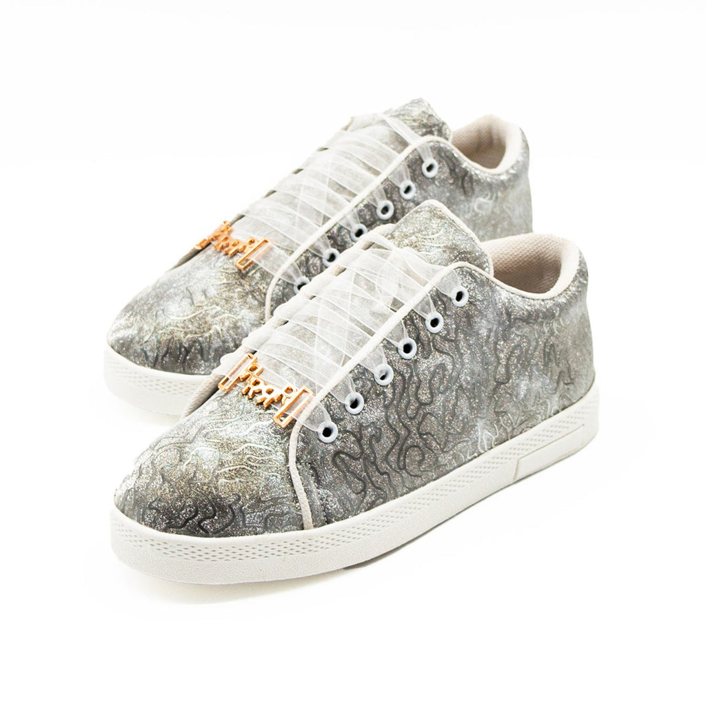 Brielle Luxury Silver Satin Handmade Embellished Tennis Shoe