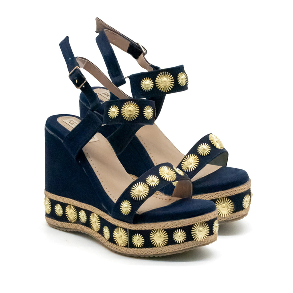 RETTROSE Jasmine Navy Luxury Women’s Wedge Heels – Hand Embellished Suede High Heel Sandals in Black-Toned Design