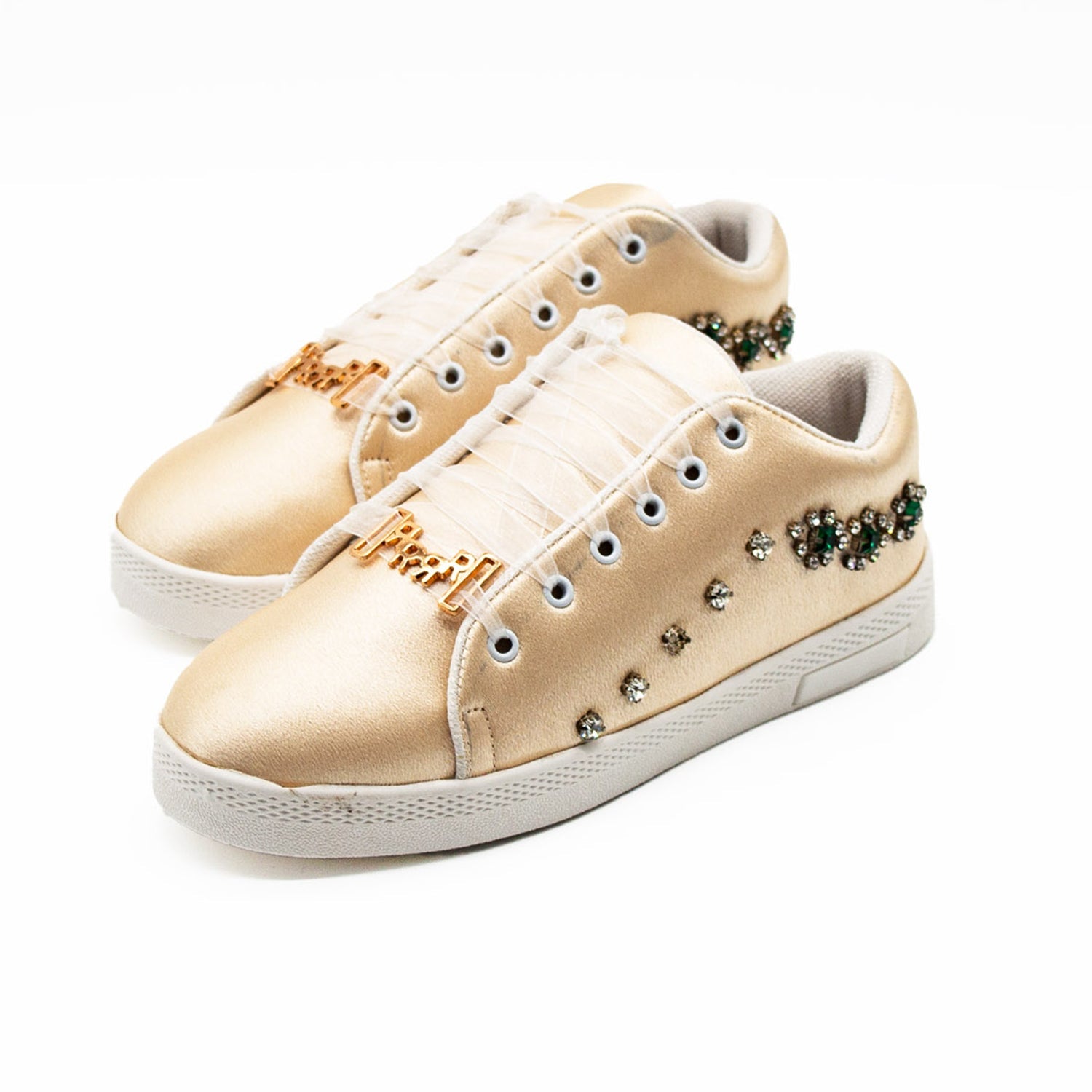 Parker Luxury Buttermilk Satin Handmade Embellished Tennis Shoe